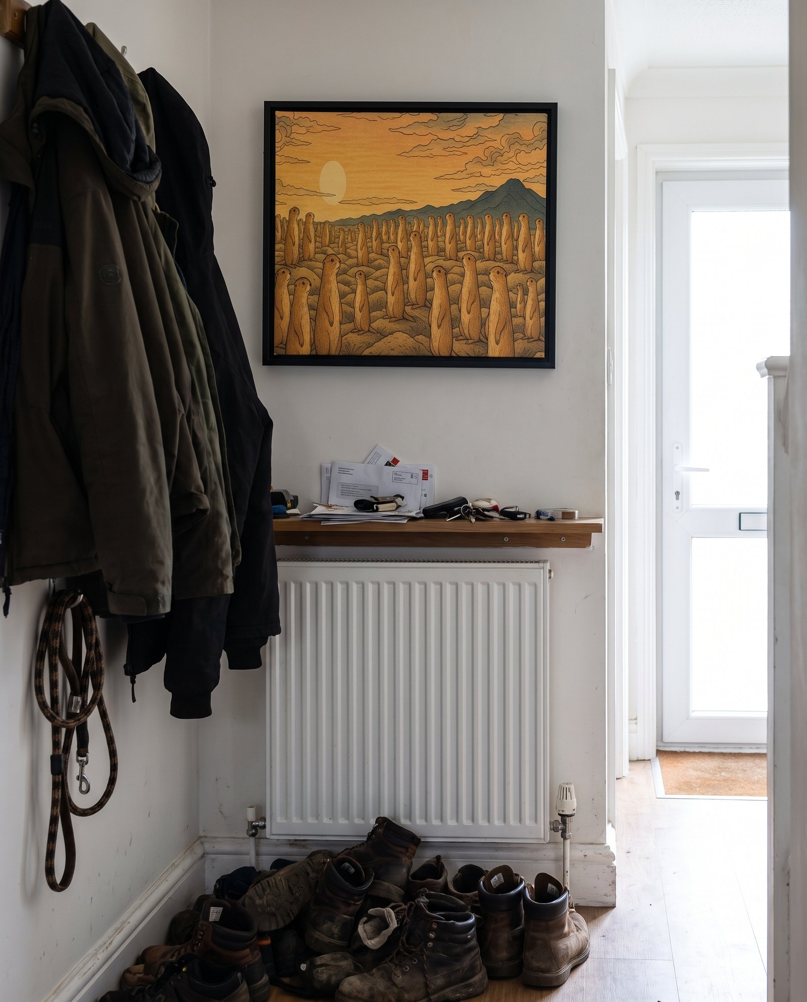 A painted animal portrait on canvas hanging in a hallway above a radiator and a pile of shoes