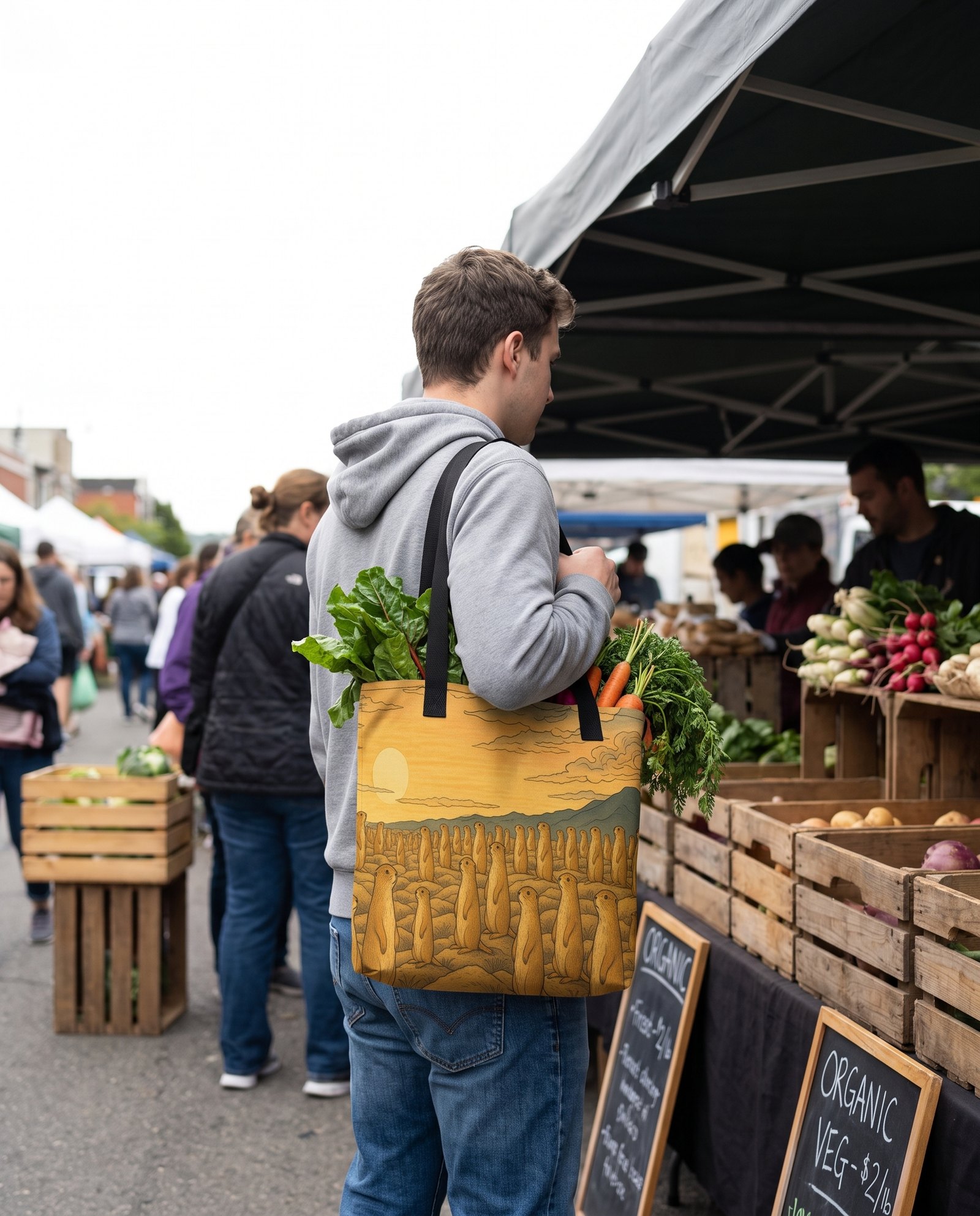A shopper at a farmers market carrying a canvas tote printed with a painted animal portrait