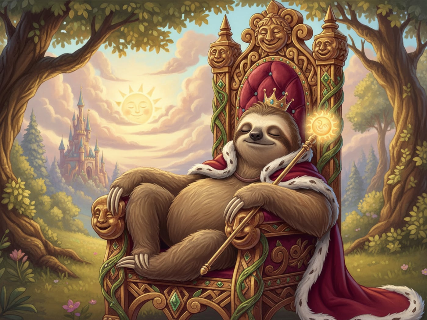 A sloth reclining like royalty in a gilded golden-age cartoon